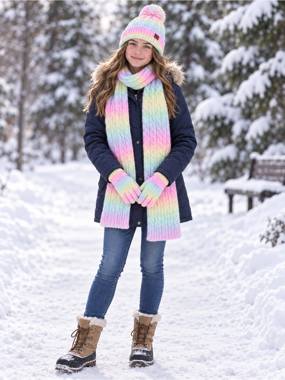 REMIFA Girls Rainbow Ombre Cable Knit Hat Scarf Gloves Set NWOT size L